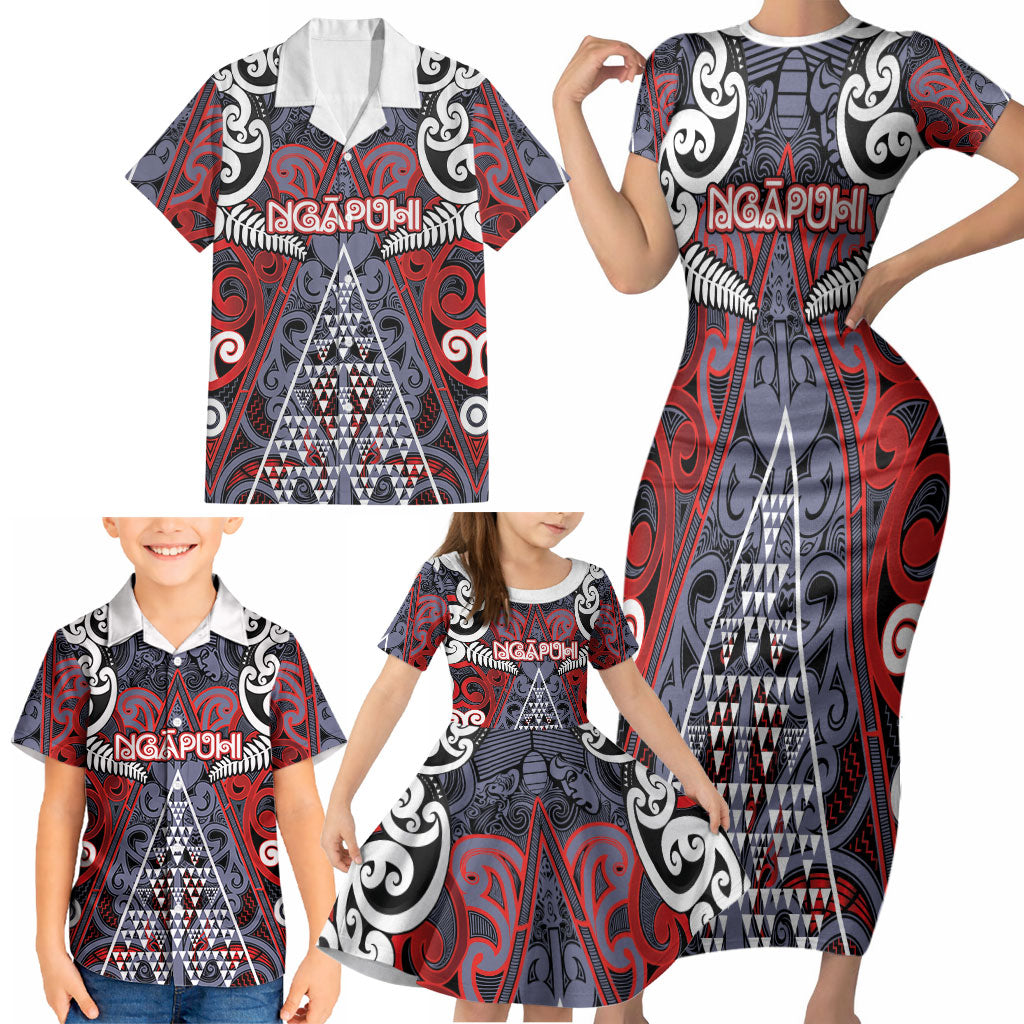 Personalised Aotearoa Iwi Ngapuhi Family Matching Short Sleeve Bodycon Dress and Hawaiian Shirt Maori Motif Tribal