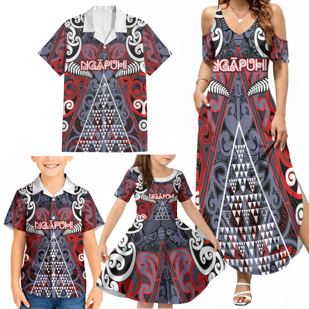 Personalised Aotearoa Iwi Ngapuhi Family Matching Summer Maxi Dress and Hawaiian Shirt Maori Motif Tribal