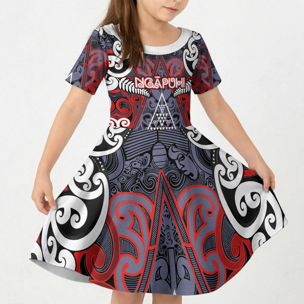 Personalised Aotearoa Iwi Ngapuhi Kid Short Sleeve Dress Maori Motif Tribal