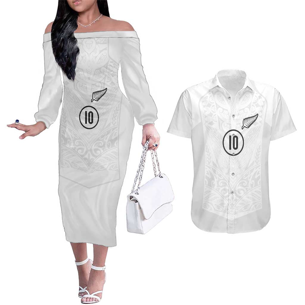 Custom New Zealand Football Couples Matching Off The Shoulder Long Sleeve Dress and Hawaiian Shirt The Whites-Sporty T90 Style - Aussie Hoodie