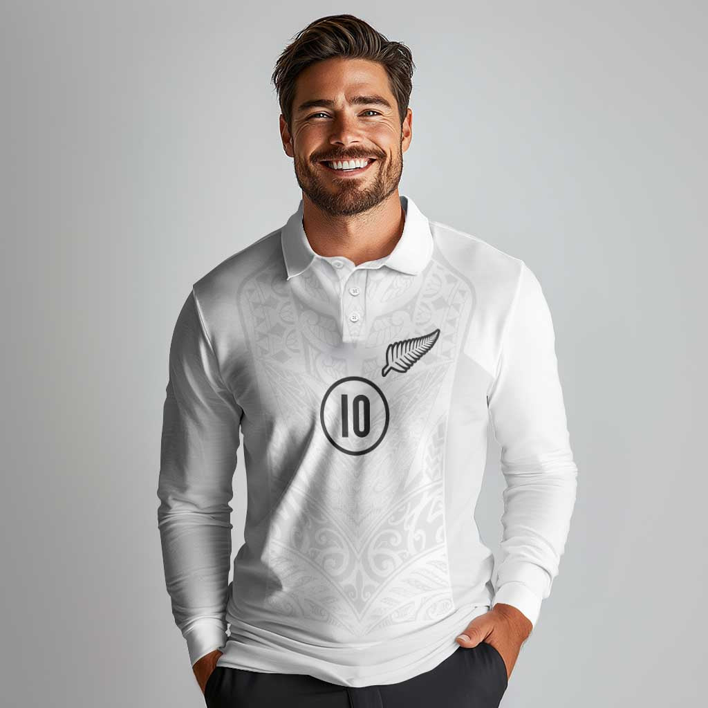 Custom New Zealand Football Long Sleeve Polo Shirt The Whites-Sporty T90 Style - Aussie Hoodie