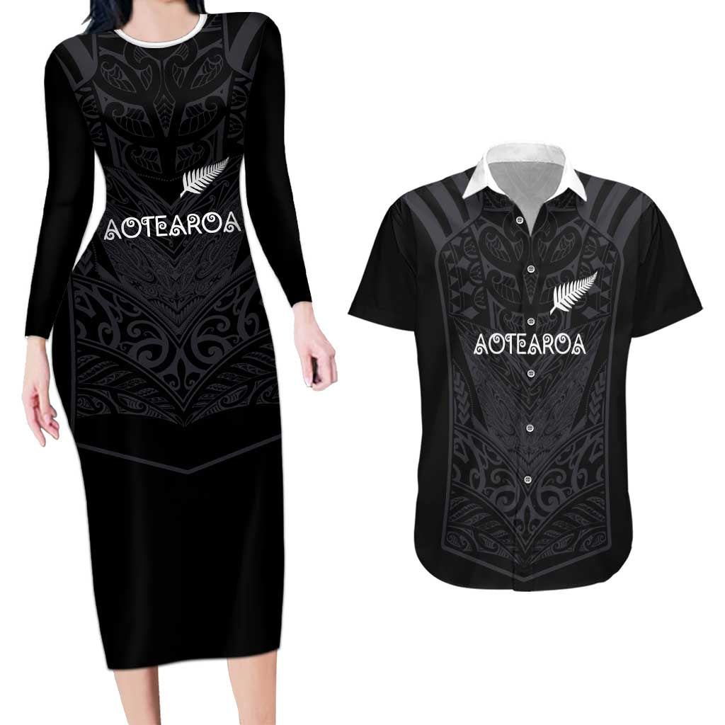 Custom Aotearoa Rugby Couples Matching Long Sleeve Bodycon Dress and Hawaiian Shirt The Blacks-Sporty T90 Style - Aussie Hoodie