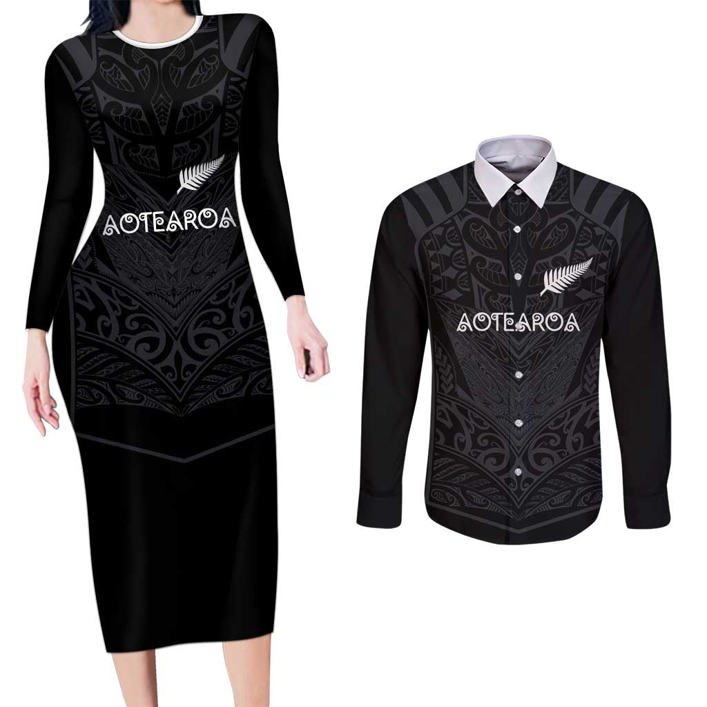 Custom Aotearoa Rugby Couples Matching Long Sleeve Bodycon Dress and Long Sleeve Button Shirt The Blacks-Sporty T90 Style - Aussie Hoodie