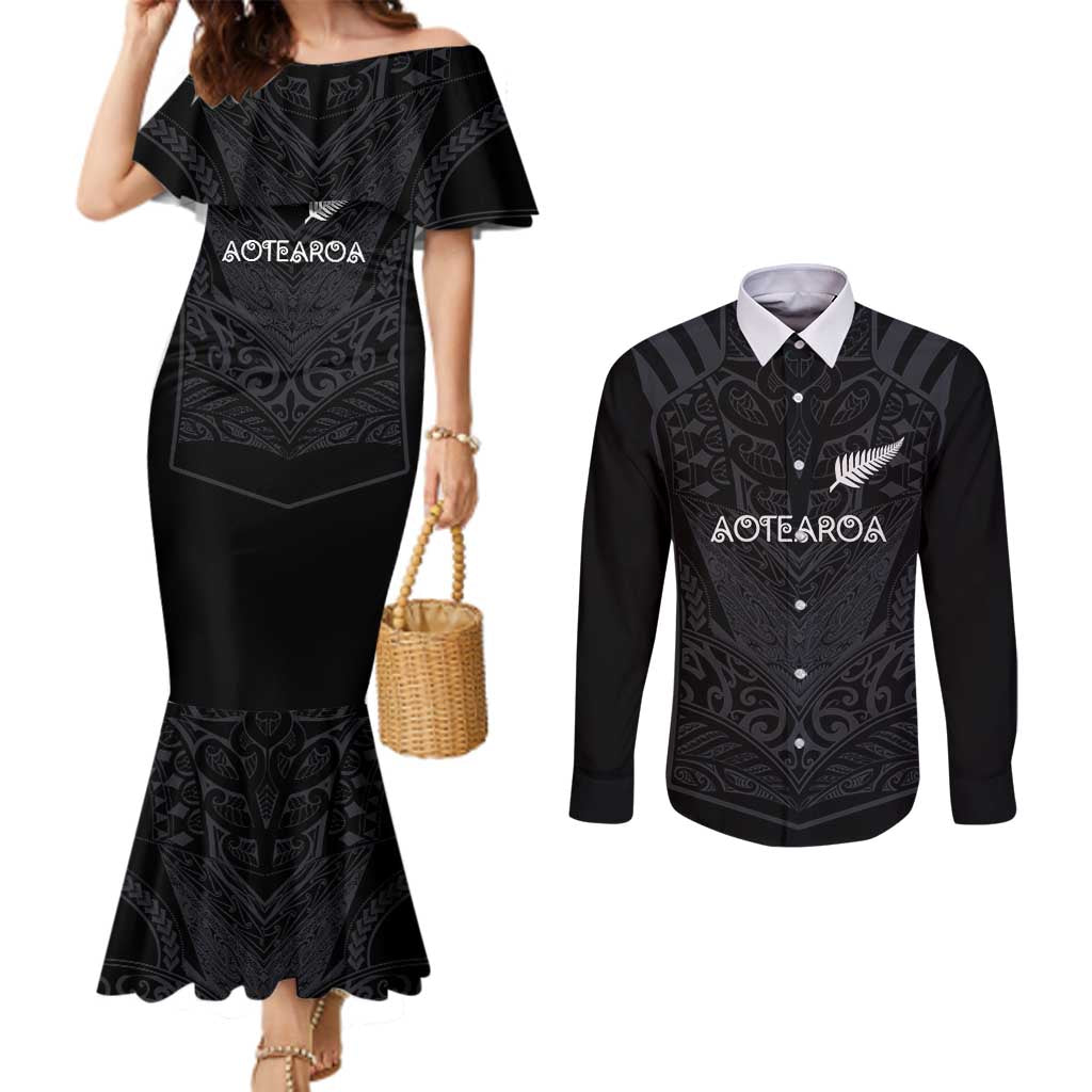Custom Aotearoa Rugby Couples Matching Mermaid Dress and Long Sleeve Button Shirt The Blacks-Sporty T90 Style - Aussie Hoodie