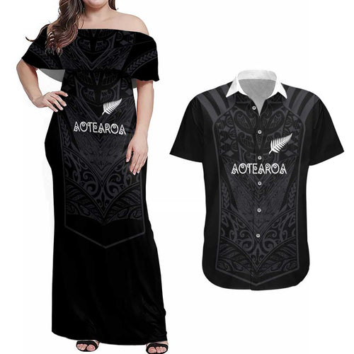 Custom Aotearoa Rugby Couples Matching Off Shoulder Maxi Dress and Hawaiian Shirt The Blacks-Sporty T90 Style - Aussie Hoodie