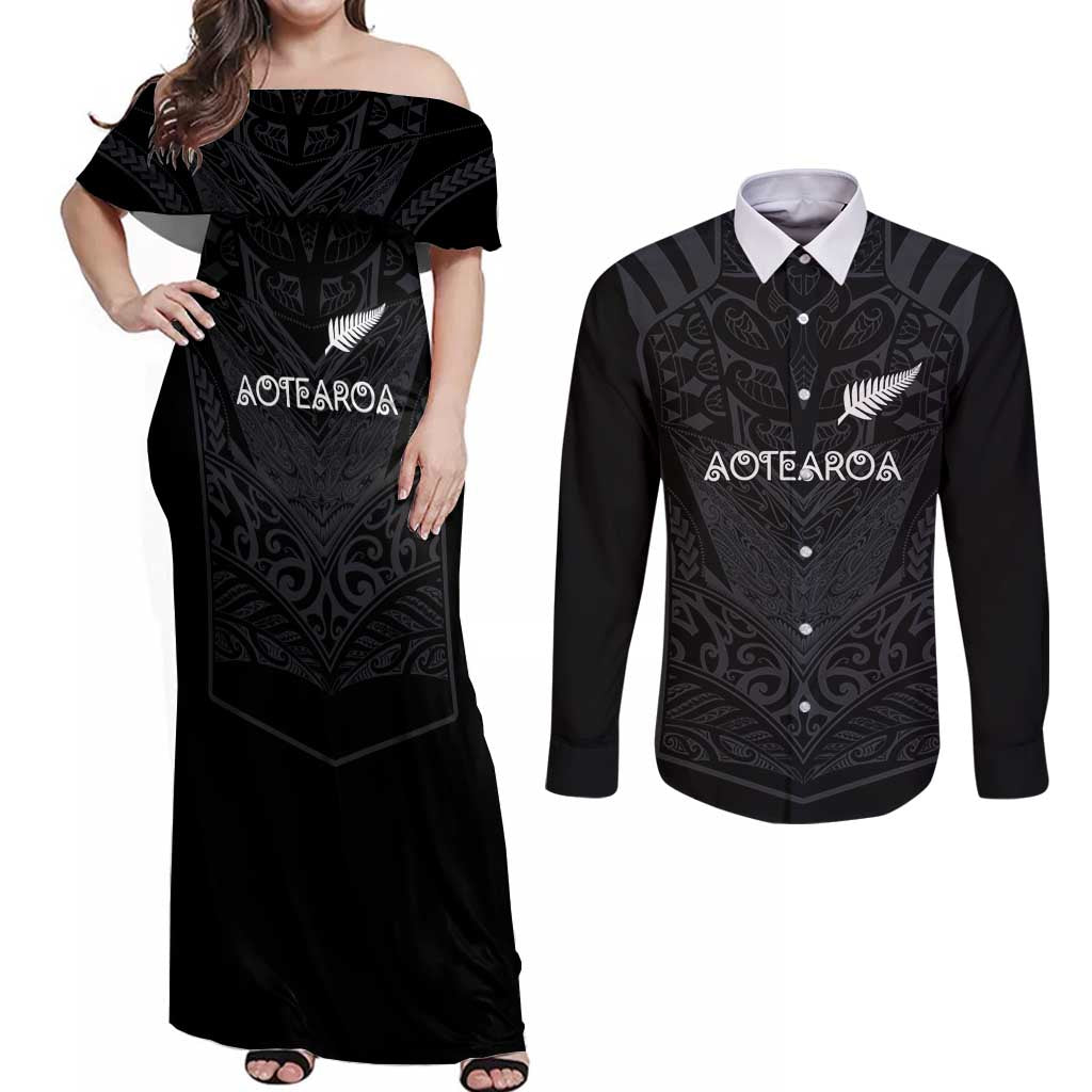 Custom Aotearoa Rugby Couples Matching Off Shoulder Maxi Dress and Long Sleeve Button Shirt The Blacks-Sporty T90 Style - Aussie Hoodie