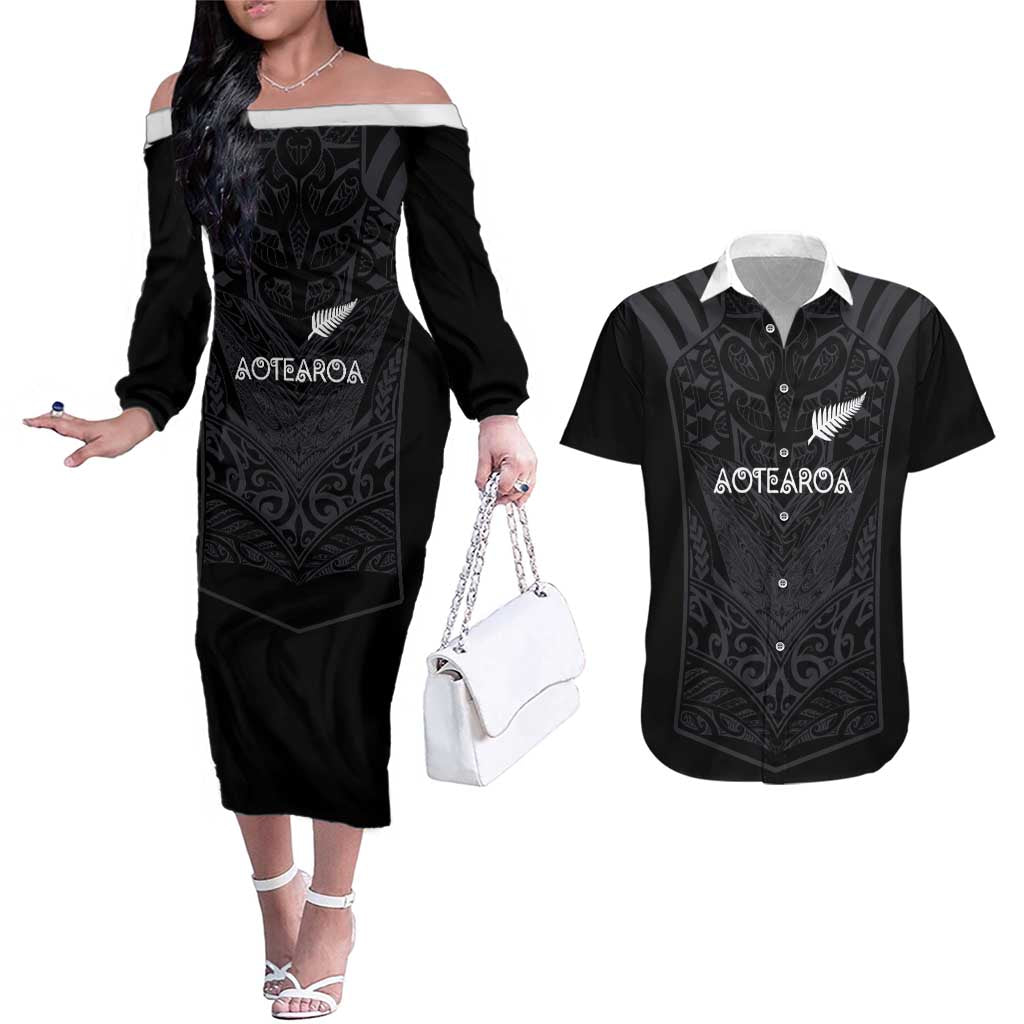 Custom Aotearoa Rugby Couples Matching Off The Shoulder Long Sleeve Dress and Hawaiian Shirt The Blacks-Sporty T90 Style - Aussie Hoodie
