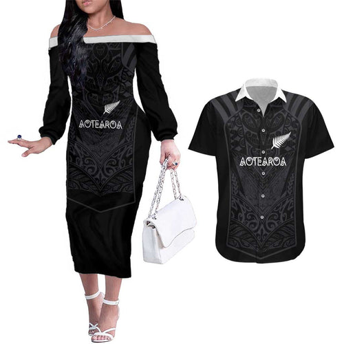 Custom Aotearoa Rugby Couples Matching Off The Shoulder Long Sleeve Dress and Hawaiian Shirt The Blacks-Sporty T90 Style - Aussie Hoodie
