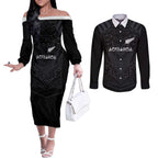 Custom Aotearoa Rugby Couples Matching Off The Shoulder Long Sleeve Dress and Long Sleeve Button Shirt The Blacks-Sporty T90 Style - Aussie Hoodie