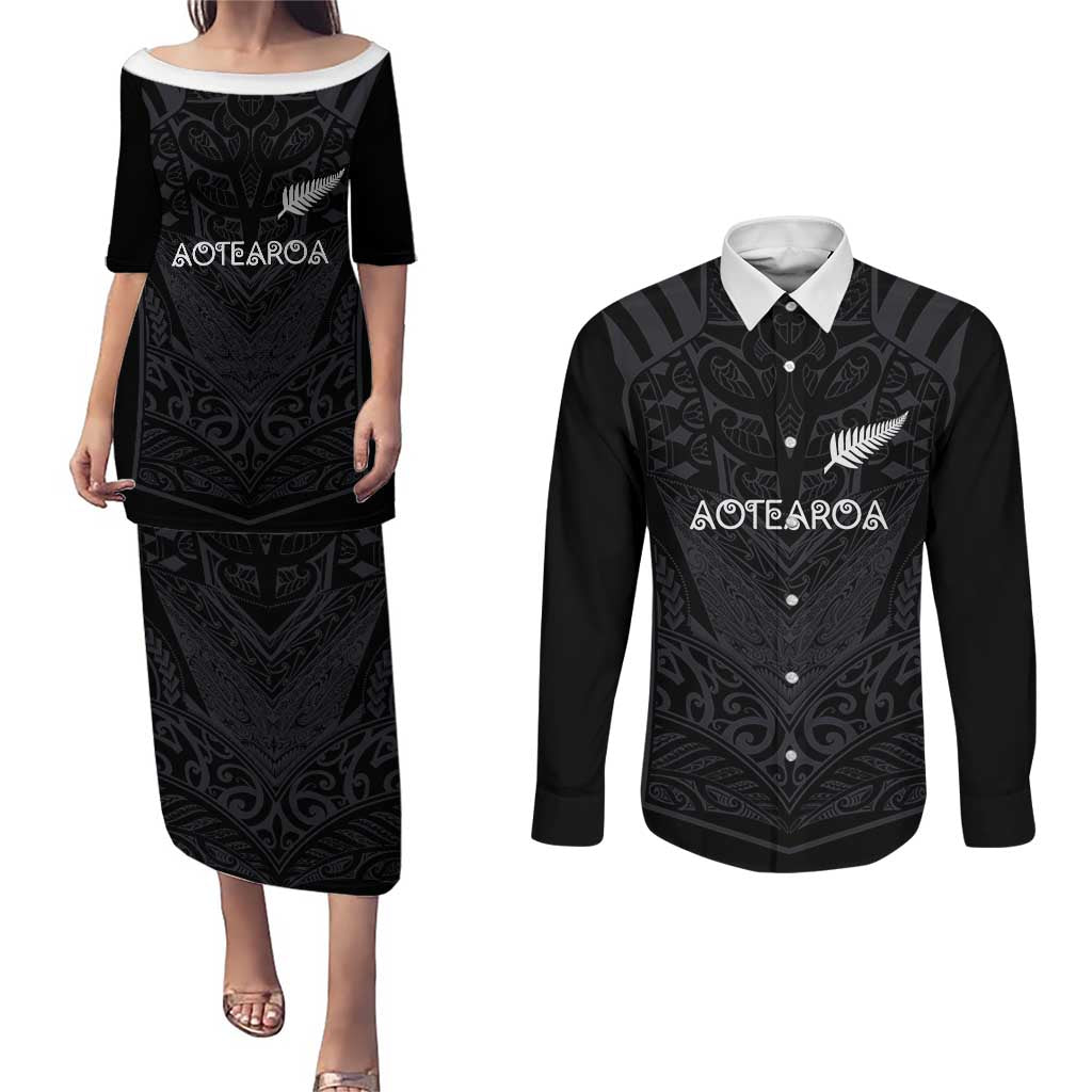 Custom Aotearoa Rugby Couples Matching Puletasi and Long Sleeve Button Shirt The Blacks-Sporty T90 Style - Aussie Hoodie
