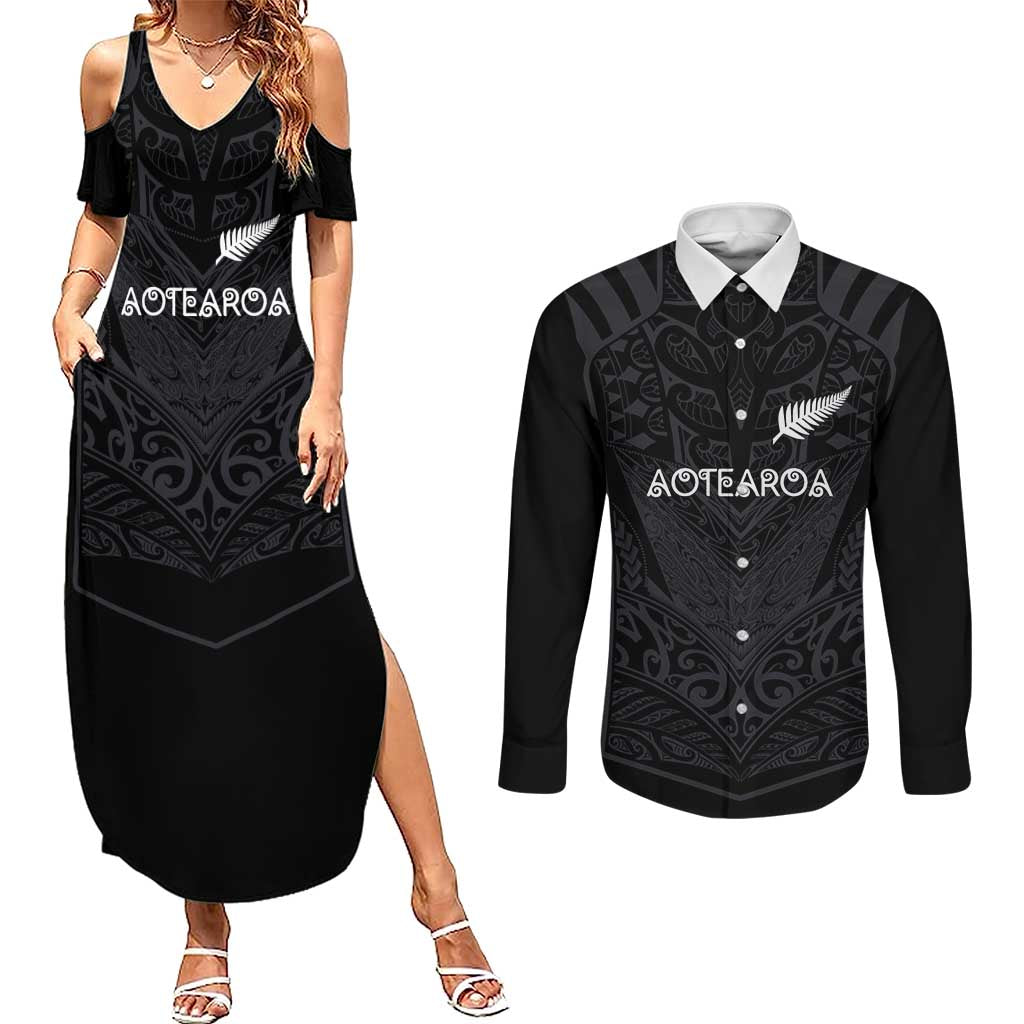Custom Aotearoa Rugby Couples Matching Summer Maxi Dress and Long Sleeve Button Shirt The Blacks-Sporty T90 Style - Aussie Hoodie