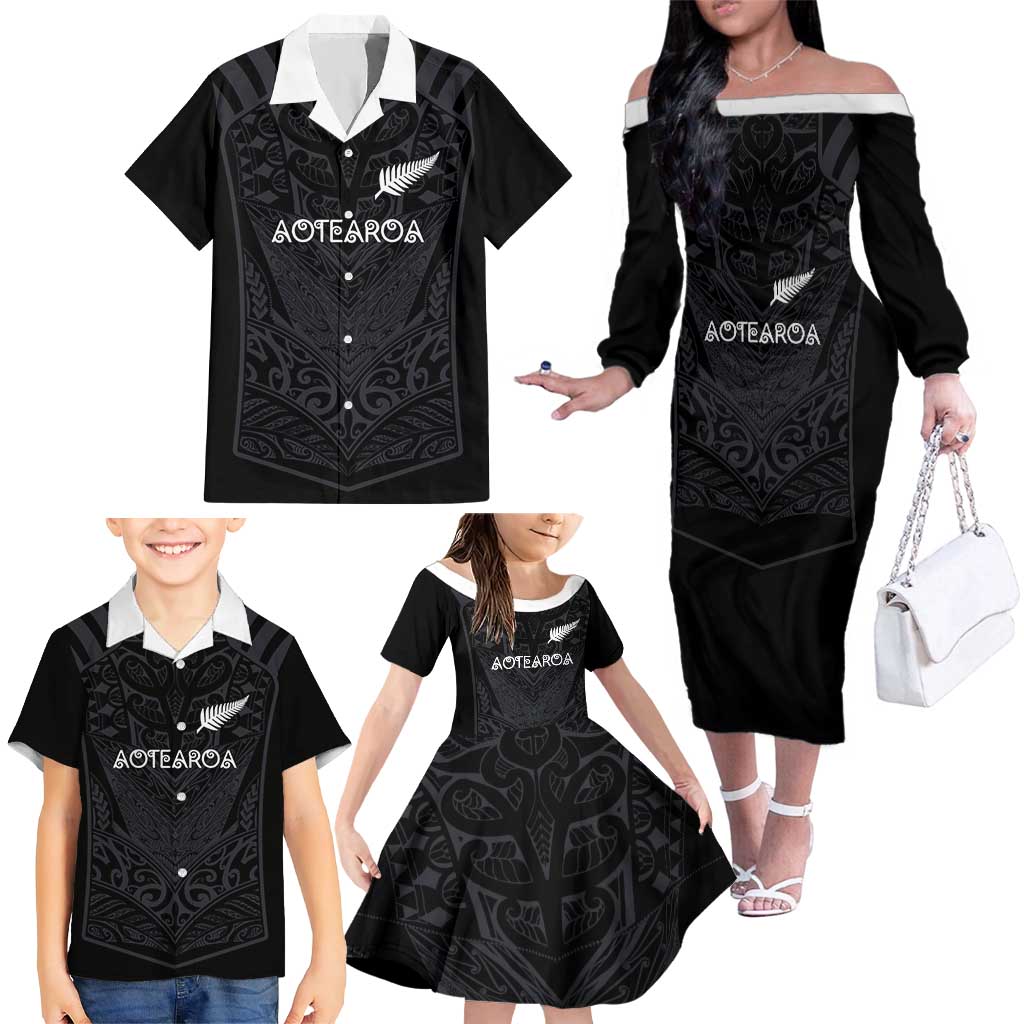 Custom Aotearoa Rugby Family Matching Off The Shoulder Long Sleeve Dress and Hawaiian Shirt The Blacks-Sporty T90 Style - Aussie Hoodie