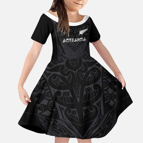 Custom Aotearoa Rugby Family Matching Off The Shoulder Long Sleeve Dress and Hawaiian Shirt The Blacks-Sporty T90 Style - Aussie Hoodie