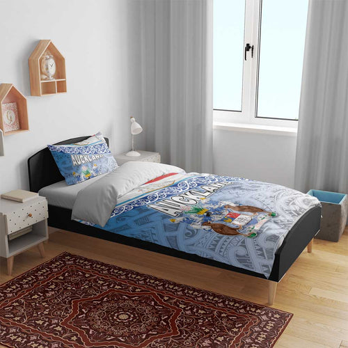 New Zealand Auckland Bedding Set Auckland's Flag and Coat of Arms - Koru Art Maori Pattern