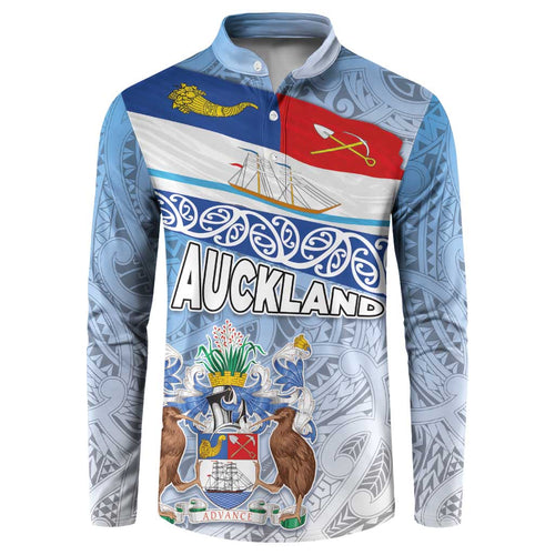 New Zealand Auckland Button Sweatshirt Auckland's Flag and Coat of Arms - Koru Art Maori Pattern