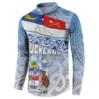 New Zealand Auckland Button Sweatshirt Auckland's Flag and Coat of Arms - Koru Art Maori Pattern