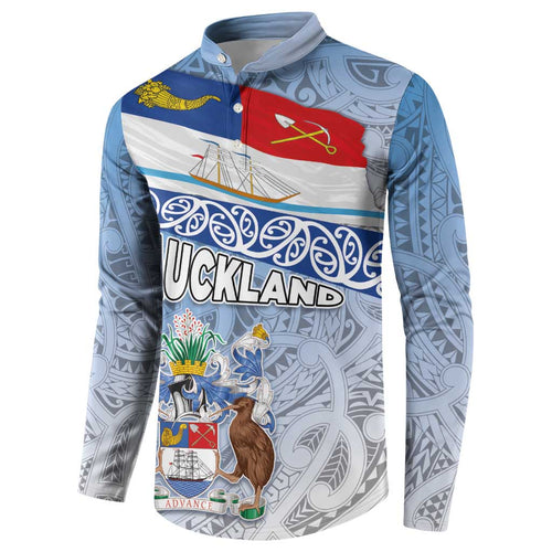 New Zealand Auckland Button Sweatshirt Auckland's Flag and Coat of Arms - Koru Art Maori Pattern