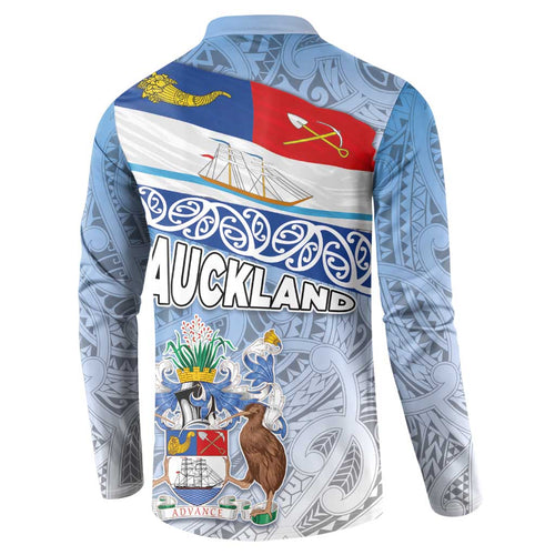 New Zealand Auckland Button Sweatshirt Auckland's Flag and Coat of Arms - Koru Art Maori Pattern
