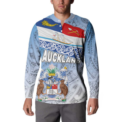 New Zealand Auckland Button Sweatshirt Auckland's Flag and Coat of Arms - Koru Art Maori Pattern