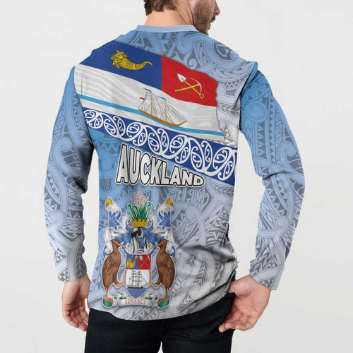 New Zealand Auckland Button Sweatshirt Auckland's Flag and Coat of Arms - Koru Art Maori Pattern
