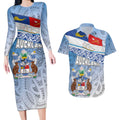 New Zealand Auckland Couples Matching Long Sleeve Bodycon Dress and Hawaiian Shirt Auckland's Flag and Coat of Arms - Koru Art Maori Pattern