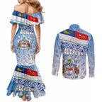 New Zealand Auckland Couples Matching Mermaid Dress and Long Sleeve Button Shirt Auckland's Flag and Coat of Arms - Koru Art Maori Pattern