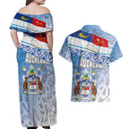 New Zealand Auckland Couples Matching Off Shoulder Maxi Dress and Hawaiian Shirt Auckland's Flag and Coat of Arms - Koru Art Maori Pattern