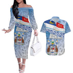 New Zealand Auckland Couples Matching Off The Shoulder Long Sleeve Dress and Hawaiian Shirt Auckland's Flag and Coat of Arms - Koru Art Maori Pattern