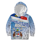 New Zealand Auckland Kid Hoodie Auckland's Flag and Coat of Arms - Koru Art Maori Pattern