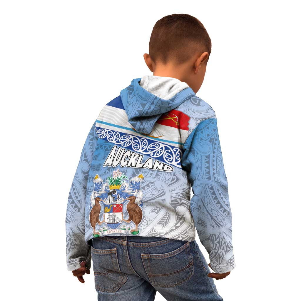 New Zealand Auckland Kid Hoodie Auckland's Flag and Coat of Arms - Koru Art Maori Pattern