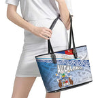 New Zealand Auckland Leather Tote Bag Auckland's Flag and Coat of Arms - Koru Art Maori Pattern