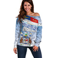 New Zealand Auckland Off Shoulder Sweater Auckland's Flag and Coat of Arms - Koru Art Maori Pattern