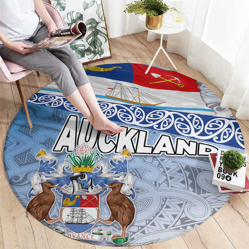 New Zealand Auckland Round Carpet Auckland's Flag and Coat of Arms - Koru Art Maori Pattern