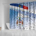 New Zealand Auckland Shower Curtain Auckland's Flag and Coat of Arms - Koru Art Maori Pattern