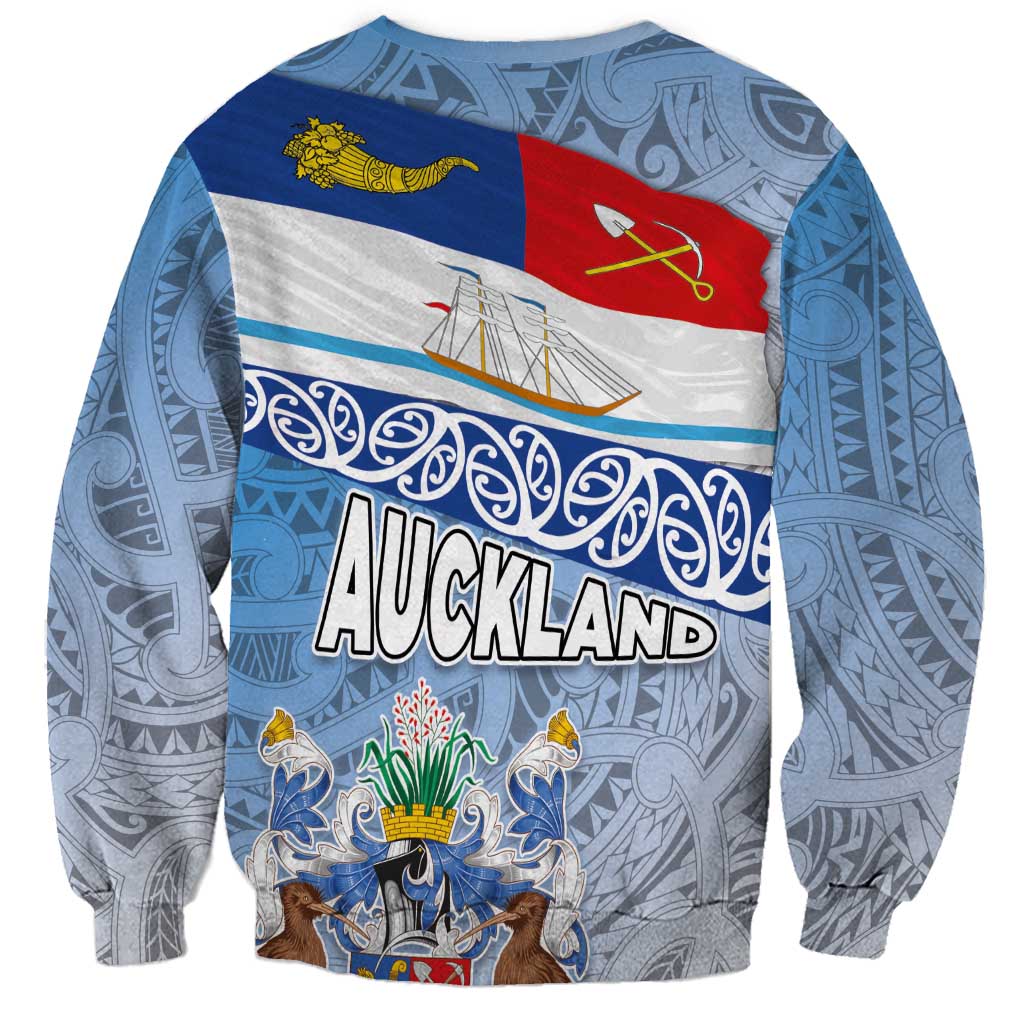 New Zealand Auckland Sweatshirt Auckland's Flag and Coat of Arms - Koru Art Maori Pattern
