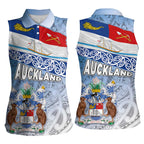 New Zealand Auckland Women Sleeveless Polo Shirt Auckland's Flag and Coat of Arms - Koru Art Maori Pattern