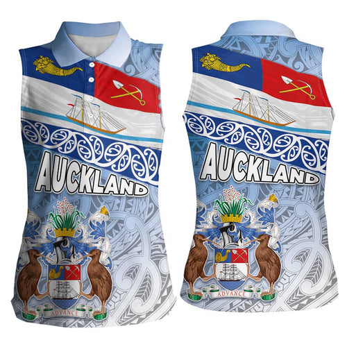 New Zealand Auckland Women Sleeveless Polo Shirt Auckland's Flag and Coat of Arms - Koru Art Maori Pattern