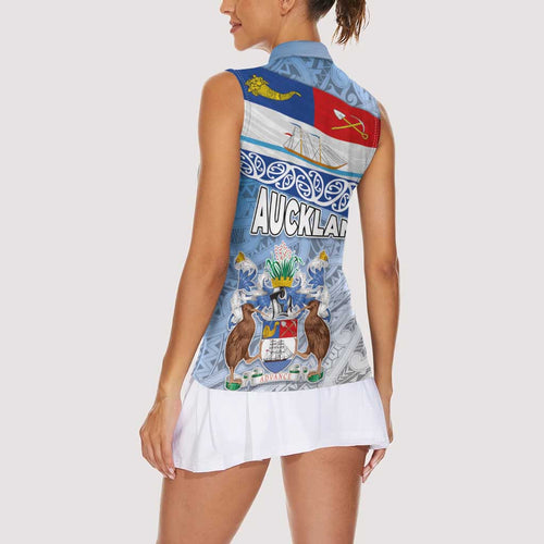 New Zealand Auckland Women Sleeveless Polo Shirt Auckland's Flag and Coat of Arms - Koru Art Maori Pattern