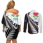 New Zealand Auckland Couples Matching Off Shoulder Short Dress and Long Sleeve Button Shirt Auckland's Emblem and Silver Ferns - Maori Art Tattoo