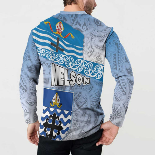 New Zealand Nelson Button Sweatshirt Nelson's Flag and Seal - Maori Art Tattoo