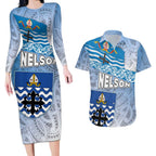 New Zealand Nelson Couples Matching Long Sleeve Bodycon Dress and Hawaiian Shirt Nelson's Flag and Seal - Maori Art Tattoo