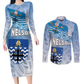 New Zealand Nelson Couples Matching Long Sleeve Bodycon Dress and Long Sleeve Button Shirt Nelson's Flag and Seal - Maori Art Tattoo