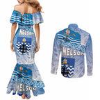 New Zealand Nelson Couples Matching Mermaid Dress and Long Sleeve Button Shirt Nelson's Flag and Seal - Maori Art Tattoo