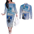 New Zealand Nelson Couples Matching Off The Shoulder Long Sleeve Dress and Long Sleeve Button Shirt Nelson's Flag and Seal - Maori Art Tattoo