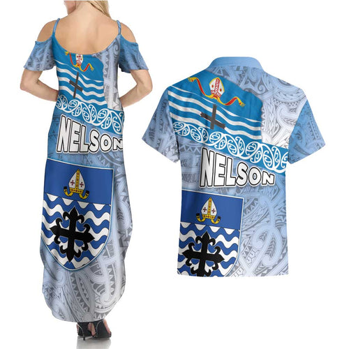 New Zealand Nelson Couples Matching Summer Maxi Dress and Hawaiian Shirt Nelson's Flag and Seal - Maori Art Tattoo