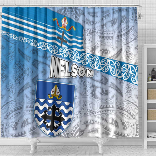 New Zealand Nelson Shower Curtain Nelson's Flag and Seal - Maori Art Tattoo