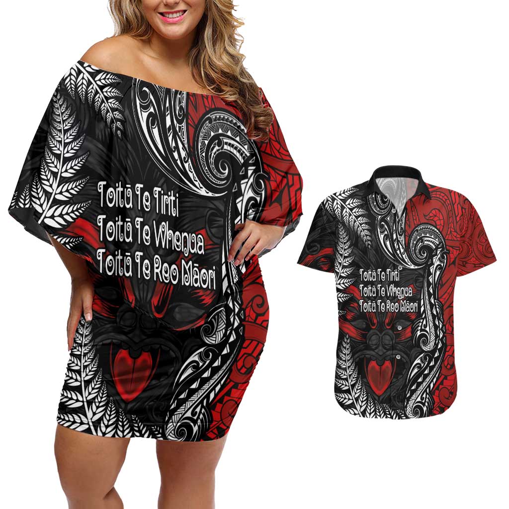 Aotearoa Toitu Te Tiriti Couples Matching Off Shoulder Short Dress and Hawaiian Shirt New Zealand Honour the Treaty - Te Tiriti Is Us