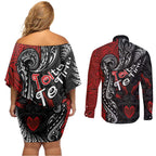 Aotearoa Toitu Te Tiriti Couples Matching Off Shoulder Short Dress and Long Sleeve Button Shirt New Zealand Honour the Treaty - Te Tiriti Is Us