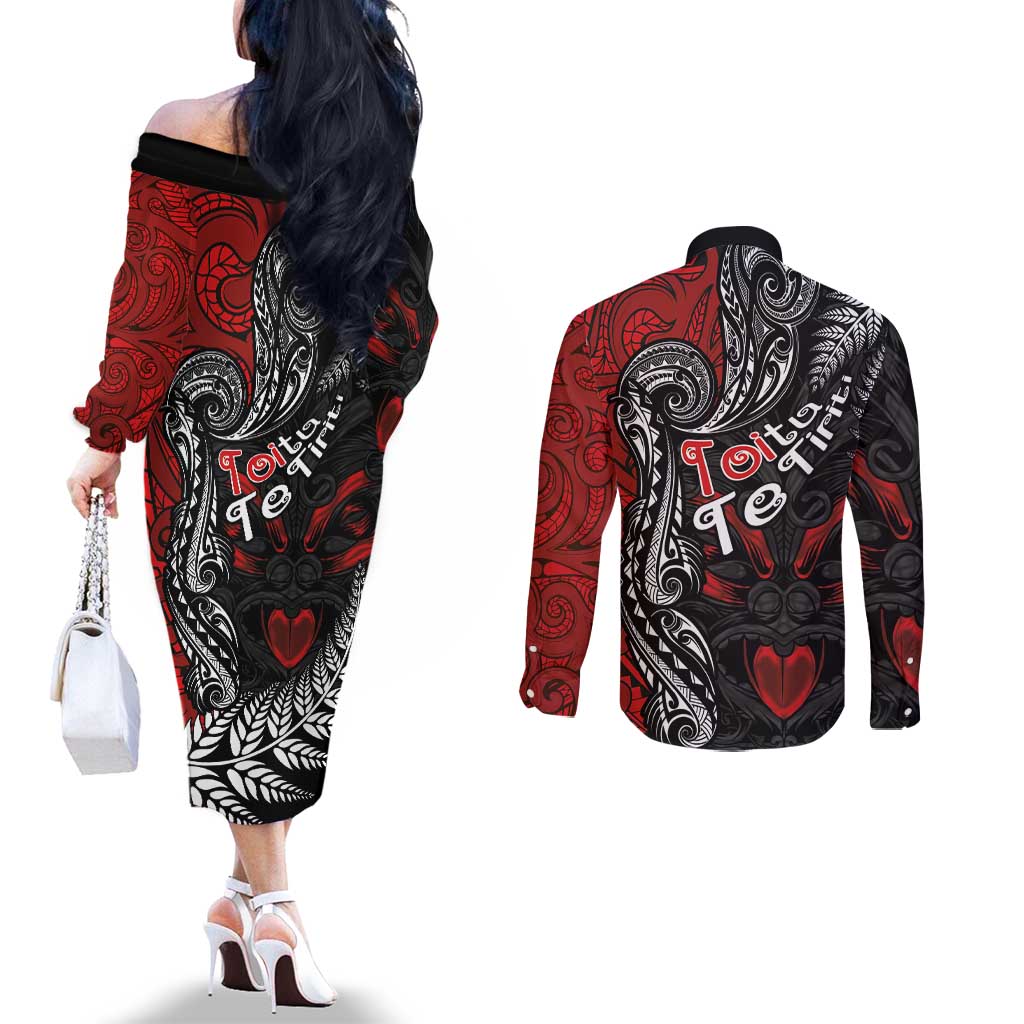 Aotearoa Toitu Te Tiriti Couples Matching Off The Shoulder Long Sleeve Dress and Long Sleeve Button Shirt New Zealand Honour the Treaty - Te Tiriti Is Us