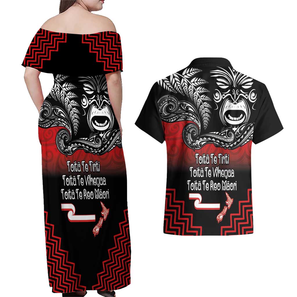 Aotearoa Toitu Te Tiriti Couples Matching Off Shoulder Maxi Dress and Hawaiian Shirt New Zealand Honour the Treaty - Fight Together